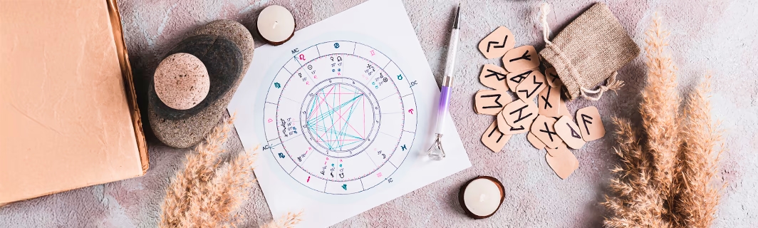 Geburtshoroskop mit Runen und Kerzen, Darstellung von Wahrsagung, Deutung und individueller spiritueller Beratung