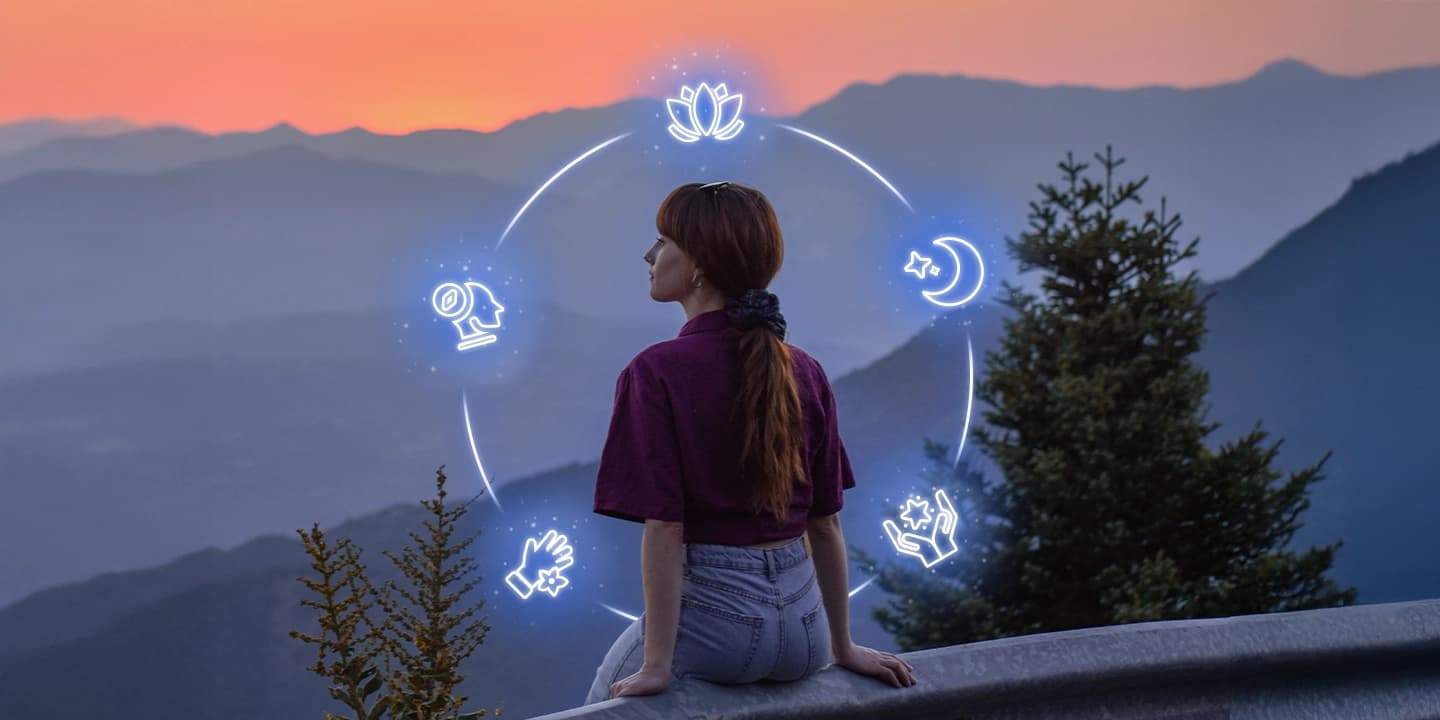 Banner mit den 5 Anzeichen für mediale Begabung: Frau meditiert in der Natur bei Sonnenuntergang, umgeben von spirituellen Symbolen.