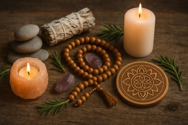 Kerzen, Heilsteine und Meditationsperlen – Symbol für Spiritualität und Wohlbefinden bei Manticus