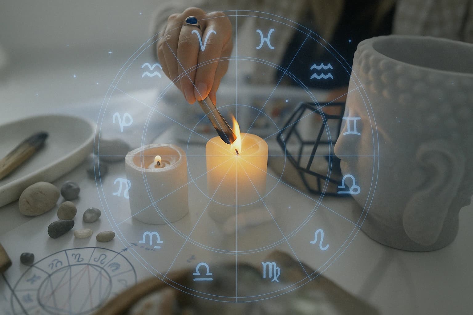 Spirituelles Ritual mit Kerzen und astrologischen Symbolen – Online-Beratung für inneres Gleichgewicht bei Manticus