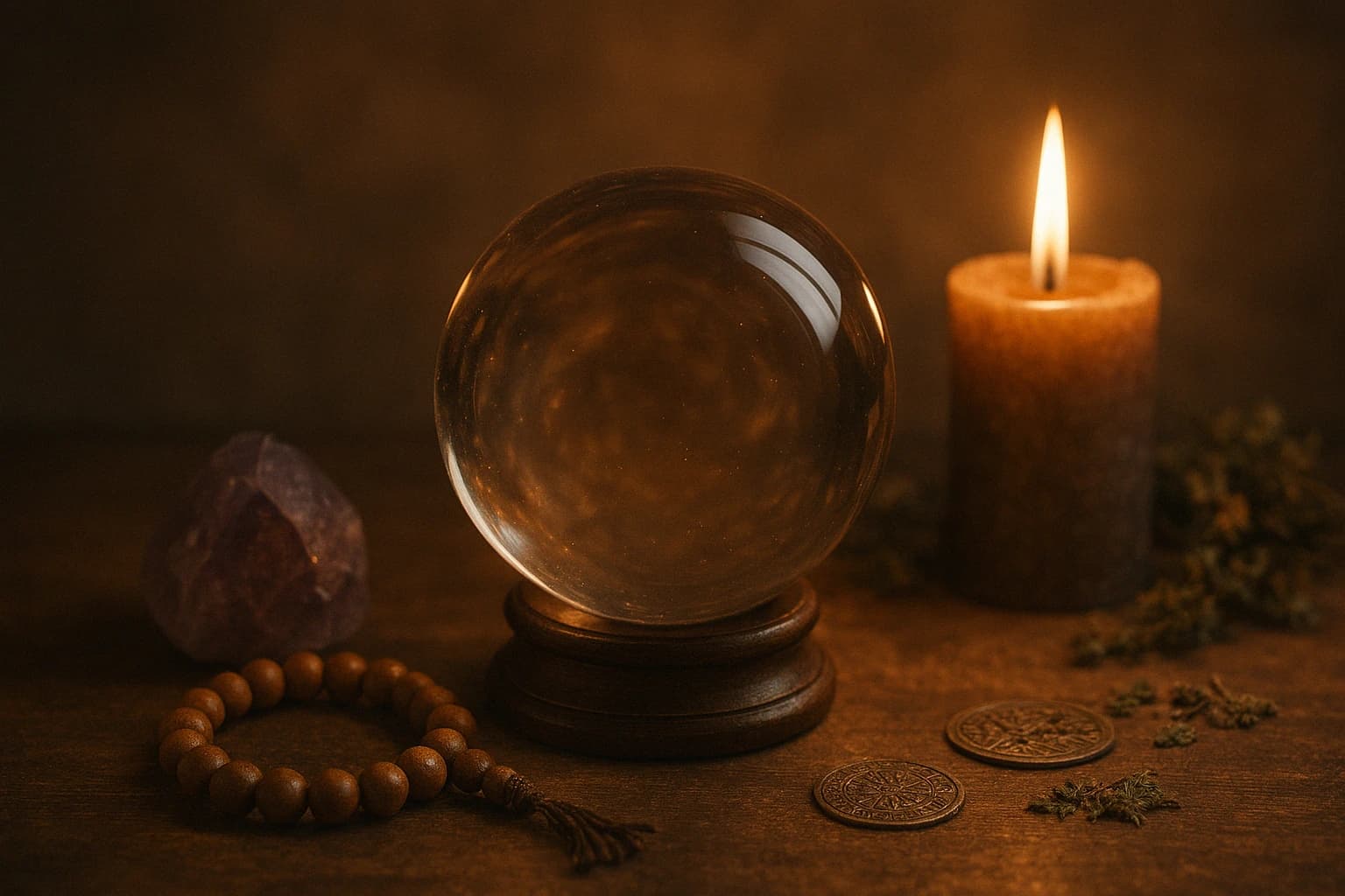 Kristallkugel mit Kerze und spirituellen Objekten auf einem Tisch – Titelbild für Online-Wahrsagen bei Manticus