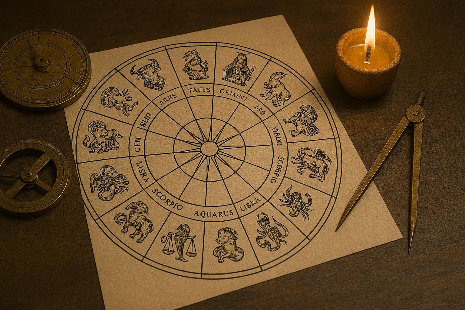 Altes Tierkreisrad mit Kerze und Kompass – Symbol für Horoskop und Online-Astrologie bei Manticus