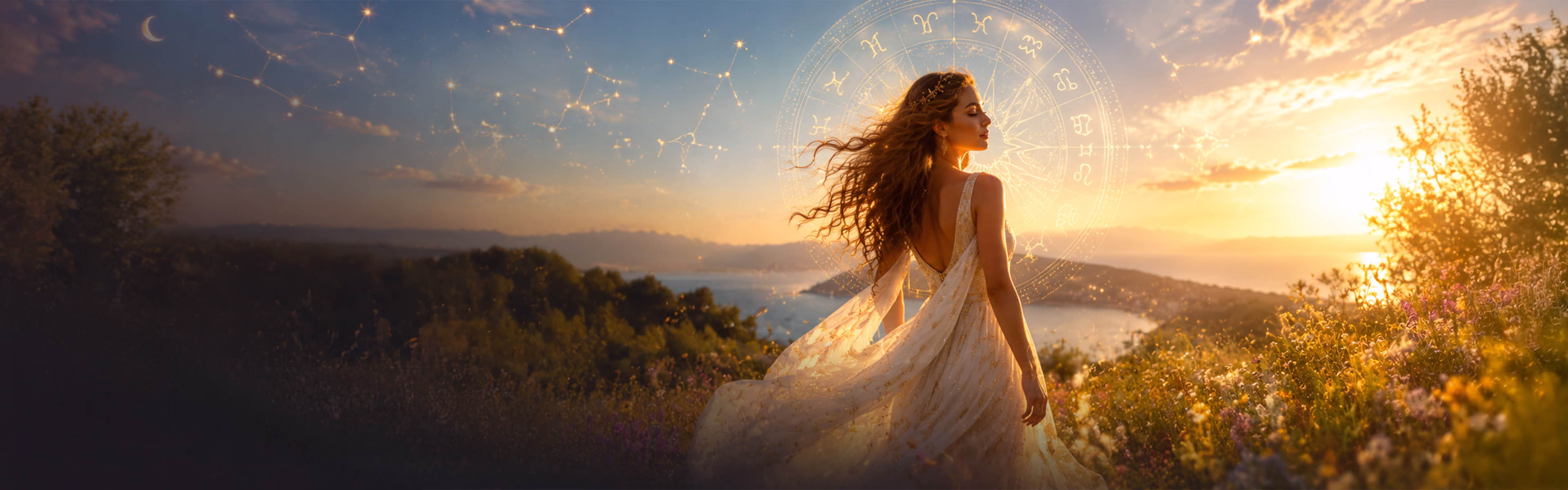 Frau in einer sommerlichen Landschaft bei Sonnenuntergang, umgeben von astrologischen Symbolen, die Sommersonnenwende, Neuanfang, innere Klarheit und spirituelle Orientierung symbolisieren.