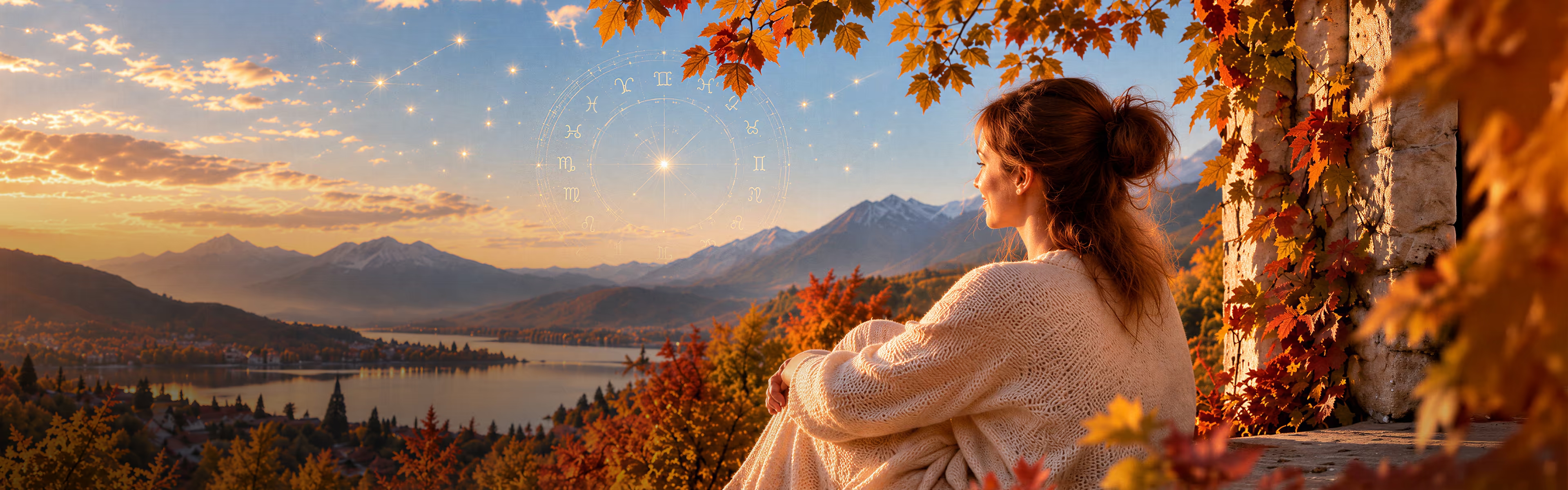 Frau mit Blick auf einen See und herbstliche Berge, umgeben von rötlichem Laub, mit einem leuchtenden astrologischen Kreis am Himmel.