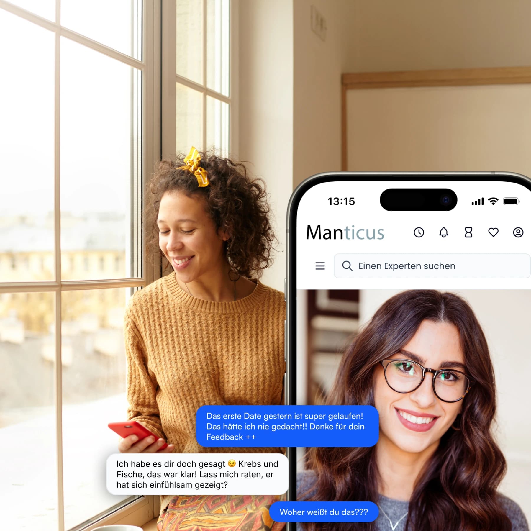 Frau chattet diskret über ihr Handy mit einer Manticus-Beraterin und nutzt die 5 kostenlosen Minuten für ihre erste persönliche Wahrsagungsberatung.