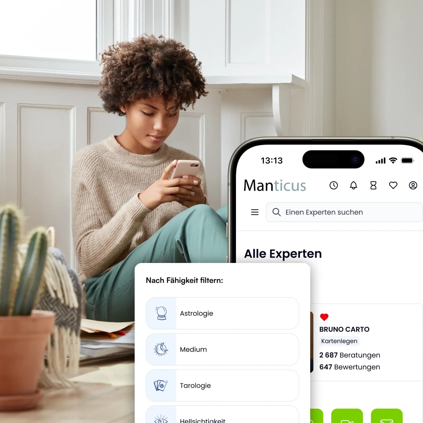 Junge Frau sucht über ihr Handy nach einem passenden Experten auf Manticus und filtert unter 250 Wahrsagern, Astrologen, Tarot- und Hellsehern.